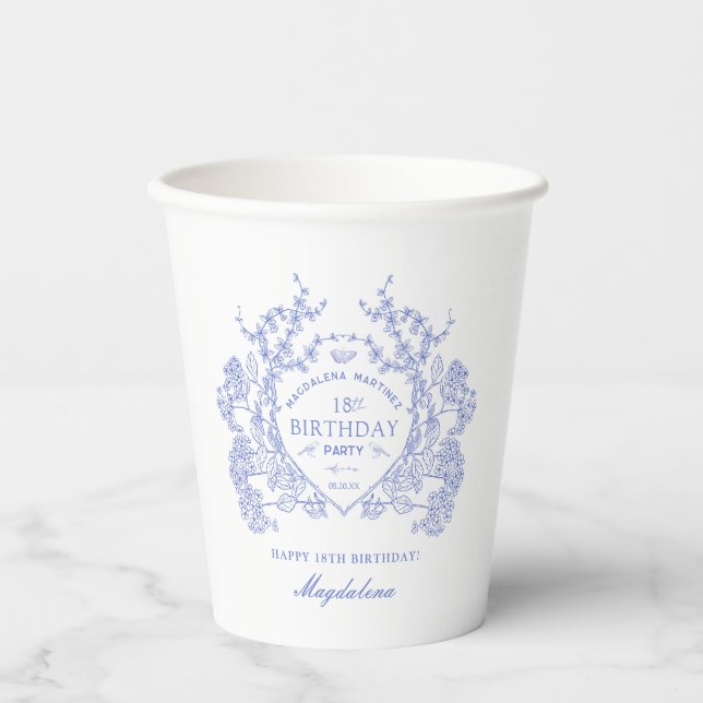 18th Birthday French Blue Floral Crest Custom Paper Cups (Front)
