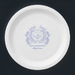 18th Birthday French Blue Floral Crest Custom Paper Plate<br><div class="desc">An elegant French vintage blue floral crest takes centre stage on this timeless custom paper plate. Ornate,  formal and very feminine will make any birthday lady feel very special. Coordinating party supplies are available.</div>