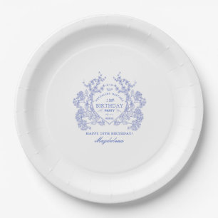 18th Birthday French Blue Floral Crest Custom Paper Plate