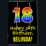 18th Birthday: Fun, Bold, Colourful, Rainbow "18" Medium Gift Bag<br><div class="desc">This exciting, colourful, and fun birthday gift bag design features a large number "18" with a rainbow spectrum gradient style pattern, along with the message "Happy 18th Birthday, ", and a custom recipient name. It also has a black-coloured background. A birthday themed gift bag like this might be a fun...</div>