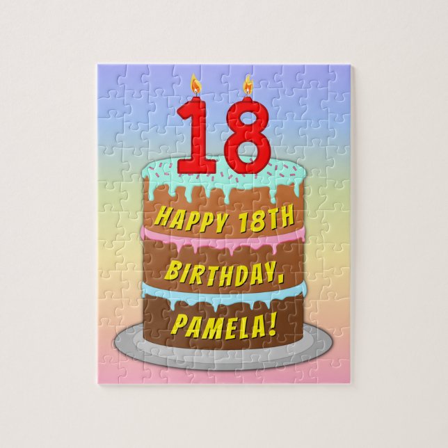 18th Birthday: Fun Cake and Candles + Custom Name Jigsaw Puzzle (Vertical)