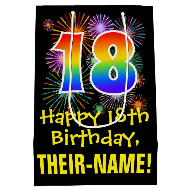 18th Birthday: Fun Fireworks Pattern + Rainbow 18 Medium Gift Bag (Back)
