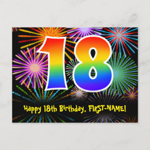 18th Birthday – Fun Fireworks Pattern + Rainbow 18 Postcard