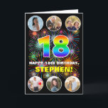 18th Birthday: Fun Rainbow #, Custom Name & Photos Card<br><div class="desc">The front of this bold and cheerful birthday greeting card design features a big number “18“ with a colourful rainbow spectrum inspired gradient pattern, along with the message “HAPPY 18th BIRTHDAY, ” and a personalized name, on a pattern inspired by bursting multicolored fireworks. Near the top and the bottom of...</div>