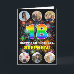 18th Birthday: Fun Rainbow #, Custom Name & Photos Card<br><div class="desc">The front of this bold and cheerful birthday greeting card design features a big number “18“ with a colourful rainbow spectrum inspired gradient pattern, along with the message “HAPPY 18th BIRTHDAY, ” and a personalized name, on a pattern inspired by bursting multicolored fireworks. Near the top and the bottom of...</div>