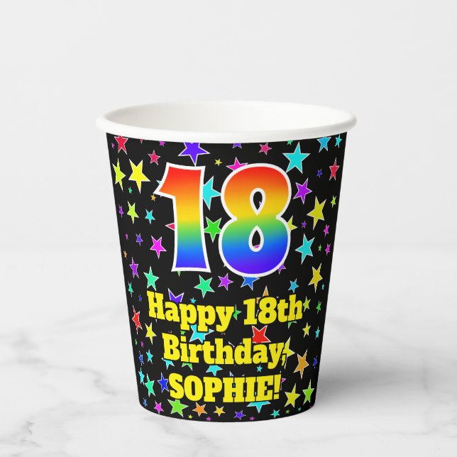18th Birthday: Fun Stars Pattern and Rainbow 18 Paper Cups (Front)