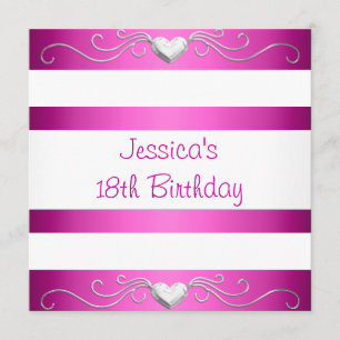 18th Birthday Fuschia White Silver Metal Hearts Invitation