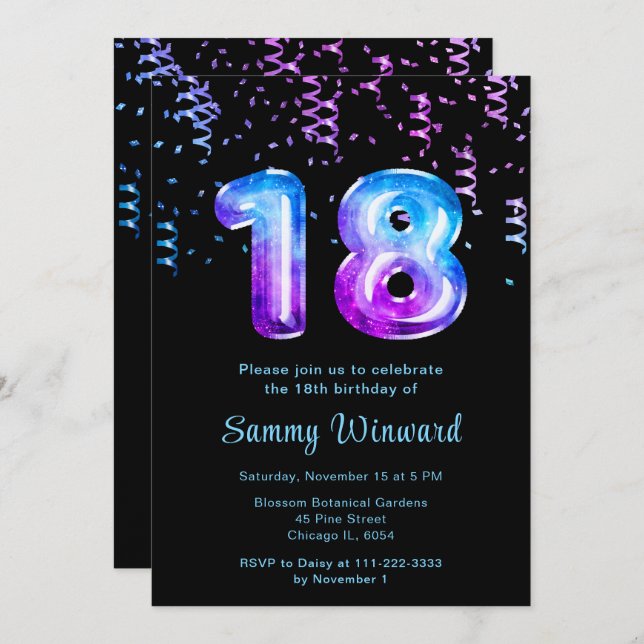 18th Birthday Galaxy Balloons with Confetti Invitation (Front/Back)