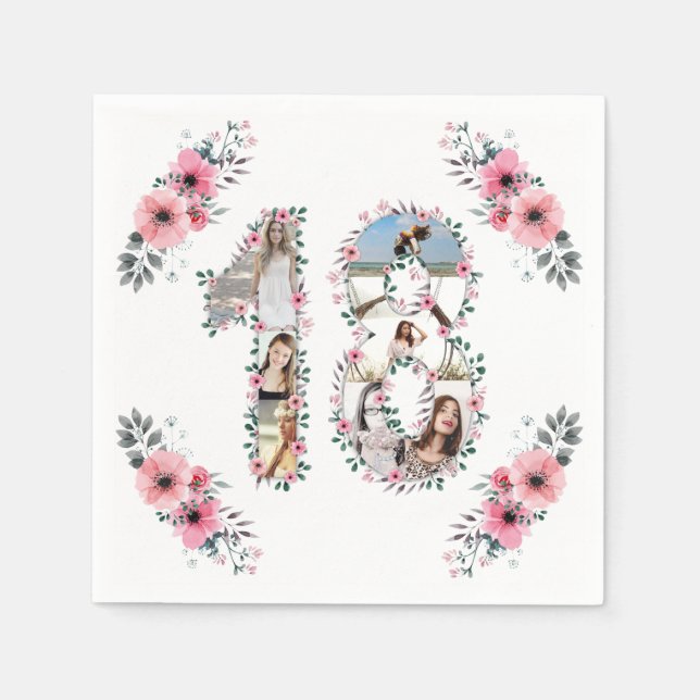 18th Birthday Girl Flower Photo Collage White Napkin (Front)