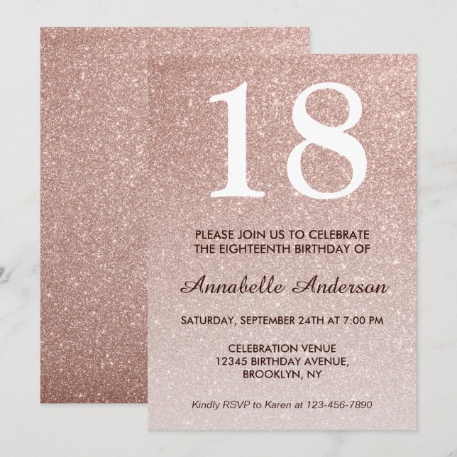 18th Birthday Glam Pink Rose Gold Glitter Ombre Invitation (Front/Back)