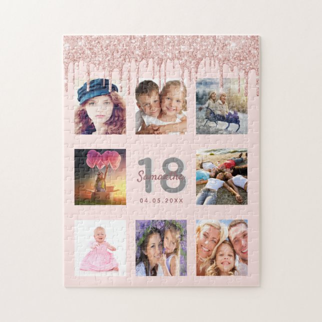18th birthday glitter drips photo rose gold pink jigsaw puzzle (Vertical)