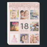 18th birthday glitter drips photo rose gold pink wooden box sign<br><div class="desc">A glamourous and unique 18th birthday gift or keepsake, celebrating her life with a collage of 8 of your photos. Personalize and add a name, age 18 and a date. Grey and dark rose gold coloured letters. Elegant and trendy blush pink background colour. Decorated with rose gold coloured faux glitter...</div>