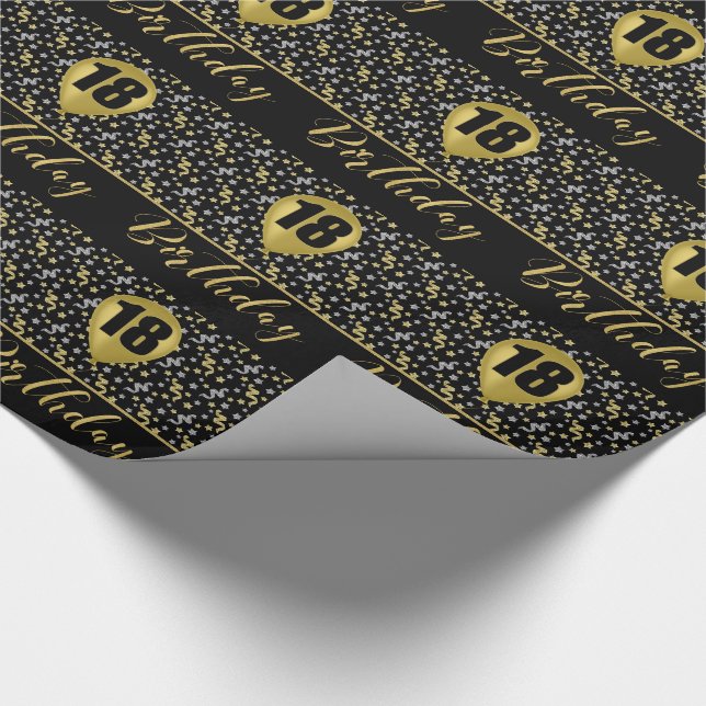 18th Birthday Gold Balloon on Black with Confetti Wrapping Paper (Corner)