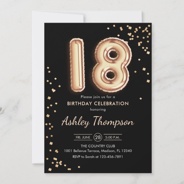 18th Birthday - Gold Balloons Black Invitation (Front)