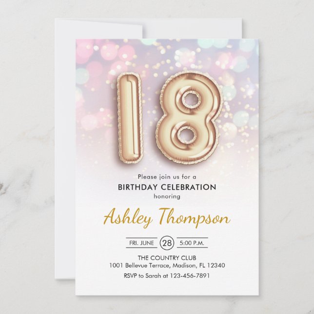 18th Birthday - Gold Balloons Pink Lights Invitation (Front)