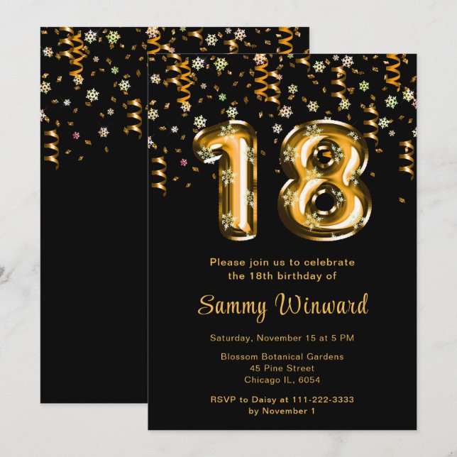 18th Birthday Gold Balloons Snowflake Confetti Invitation (Front/Back)