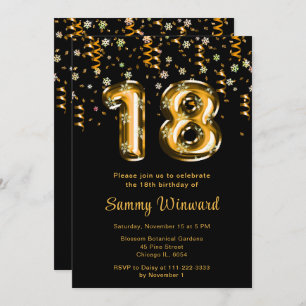 18th Birthday Gold Balloons Snowflake Confetti Invitation