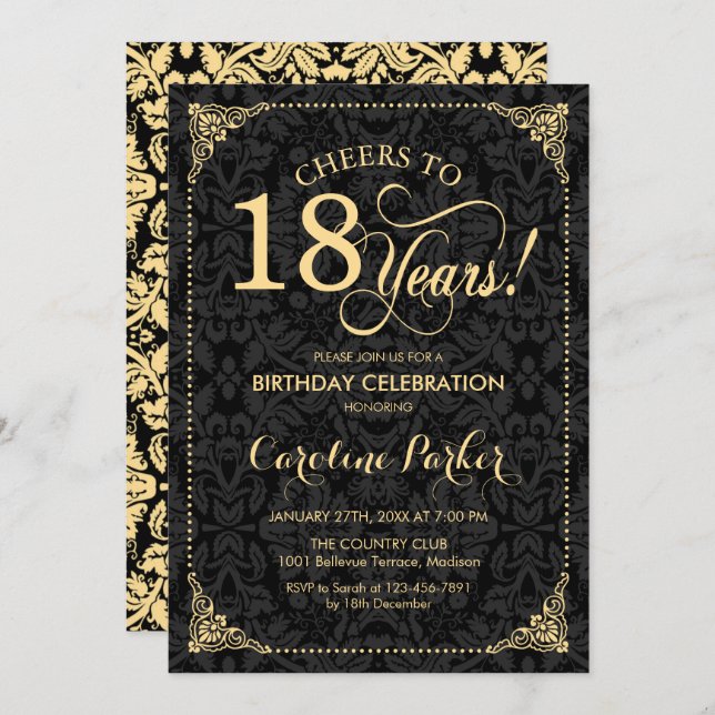 18th Birthday - Gold Black Damask Invitation (Front/Back)