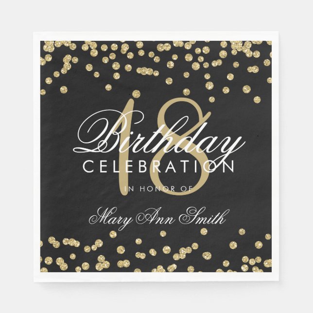 18th Birthday Gold Faux Glitter Confetti Black Napkin (Front)