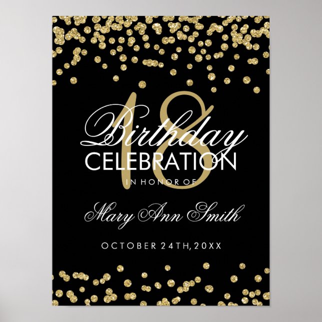 18th Birthday Gold Faux Glitter Confetti Black Poster (Front)
