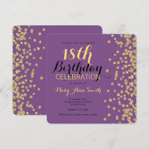 18th Birthday Gold Faux Glitter Confetti Purple Invitation