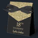 18th Birthday Gold Glitter Thank You Favor Box<br><div class="desc">This fabulous modern 18th Birthday Gold Glitter Thank You favor box with sparkling gold glitter, the birthday girl's name in a trendy script font, and tied with an elegant black bow would be perfect for your event. It would be great for a candy station, on a thank you gift table,...</div>