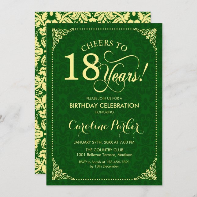 18th Birthday - Gold Green Damask Invitation (Front/Back)