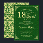 18th Birthday - Gold Green Damask Invitation<br><div class="desc">18th Birthday Invitation.
Elegant vintage green and faux gold design with damask pattern. Features script font. Cheers to 18 years! Can be personalized into any age! Message me if you need further customization.</div>