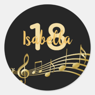 18th birthday gold music notes on elegant black classic round sticker