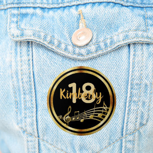 18th birthday gold music notes on stylish black 2 inch round button