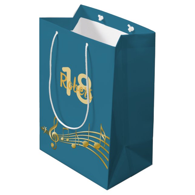 18th Birthday gold music notes teal blue green Medium Gift Bag (Back Angled)