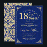 18th Birthday - Gold Navy Blue Damask Invitation<br><div class="desc">18th Birthday Invitation.
Elegant vintage navy blue and faux gold design with damask pattern. Features script font. Cheers to 18 years! Can be personalized into any age! Message me if you need further customization.</div>