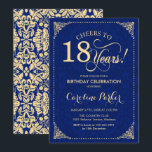 18th Birthday - Gold Navy Blue Damask Invitation<br><div class="desc">18th Birthday Invitation.
Elegant vintage navy blue and faux gold design with damask pattern. Features script font. Cheers to 18 years! Can be personalized into any age! Message me if you need further customization.</div>