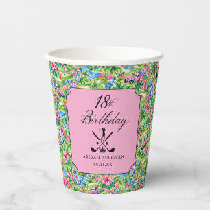18th Birthday Golf Pink Green Preppy Print Paper Cups