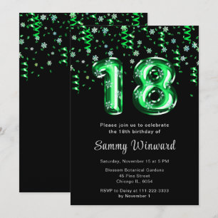 18th Birthday Green Balloons Snowflake Confetti Invitation