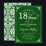 18th Birthday - Green Damask Invitation<br><div class="desc">18th Birthday Invitation.
Elegant vintage green and white design with damask pattern. Features script font. Cheers to 18 years! Can be personalized into any age! Message me if you need further customization.</div>