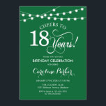 18th Birthday - Green White Invitation<br><div class="desc">18th Birthday Invitation.
Emerald forest green and white design with fairy string lights and script font. Cheers to 18 years! Can be personalized into any age! Message me if you need further customization.</div>