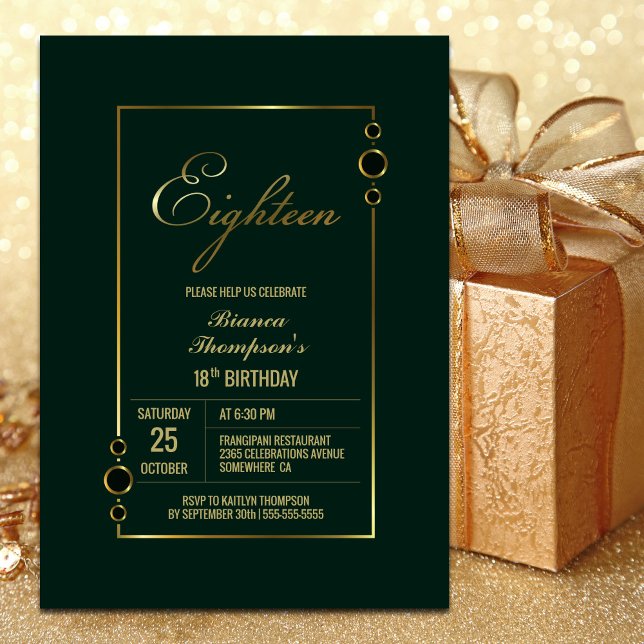18th Birthday Green with Gold Frame Party Invitation (Creator Uploaded)