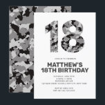 18TH Birthday, Grey Camo Personalized Teen Invitation<br><div class="desc">This camo invitation is perfect for a boy's birthday party with it's simple lines and no frill design.  
Use the template form to add your information.  Other colours and ages are available.</div>