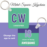 18th birthday initials green purple keychain<br><div class="desc">18 years of being awesome. Celebrate his 18th Birthday with a personalized Metal Square Keychain he will love! Sleek and durable, this stylish accessory features his initials in a green and purple design. Perfect for keeping his keys safe while adding a pop of personality to his everyday essentials. A thoughtful,...</div>