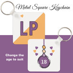 18th birthday initials purple orange keychain<br><div class="desc">Celebrate her 18th Birthday with a beautifully personalized Metal Square Keychain she’ll adore! Sleek and durable, this stylish accessory features her initials in a charming purple and orange design, accented with adorable love hearts for that extra special touch. Perfect for keeping her keys safe while adding a pop of personality...</div>