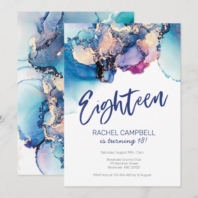 18th Birthday Invitation Abstract Watercolor (Front/Back)