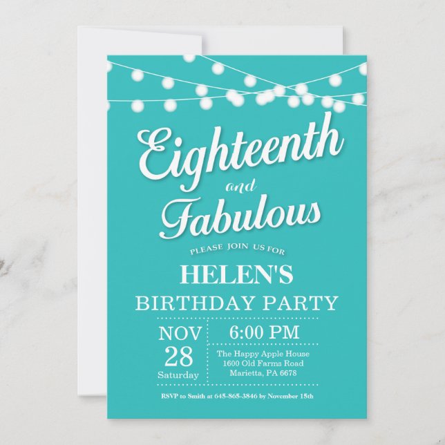 18th Birthday Invitation Aqua Turquoise Fabulous (Front)