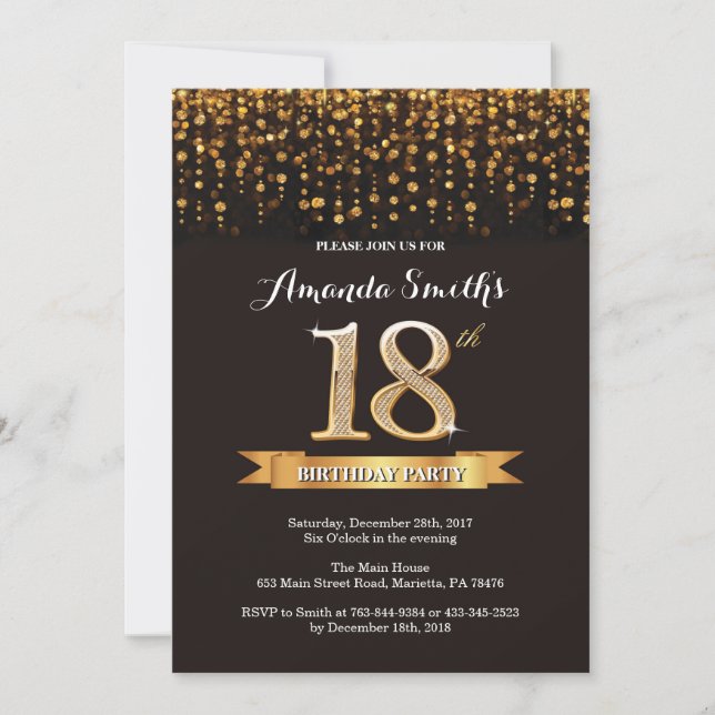 18th Birthday Invitation Black and Gold Glitter (Front)