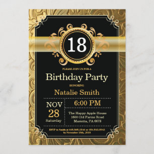 18th Birthday Invitation Black and Gold Glitter