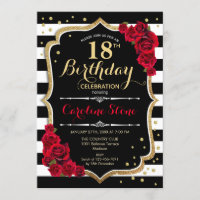 18th Birthday Invitation Black White Stripes Roses