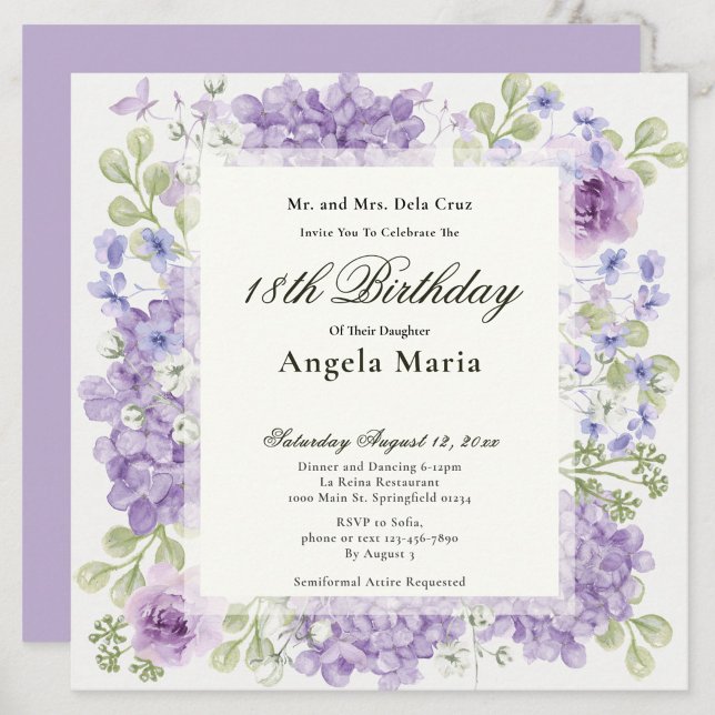18th Birthday Invitation Elegant Purple Flowers (Creator Uploaded)