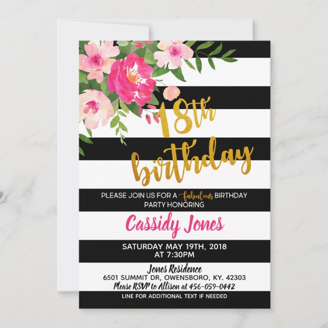18th Birthday Invitation - Floral w/Black & White (Front)