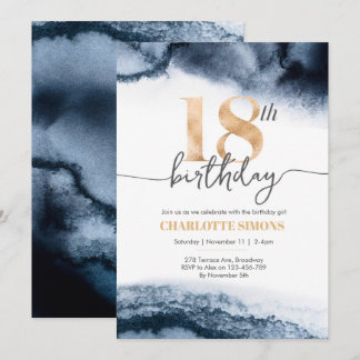 18th Birthday invitation Navy watercolor and gold