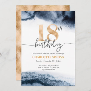18th Birthday invitation Navy watercolor and gold